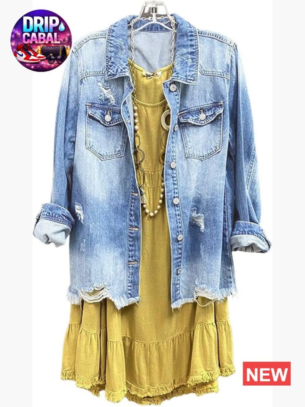 Denim Shirt Jacket Long Sleeve Button Shacket Distressed Washed Ripped Frayed